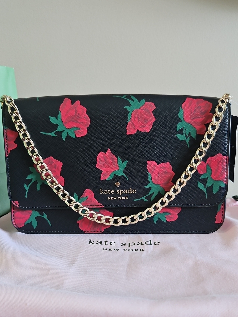 Kate Spade NY Madison Rose Toss Black Floral with Gold Chain Strap